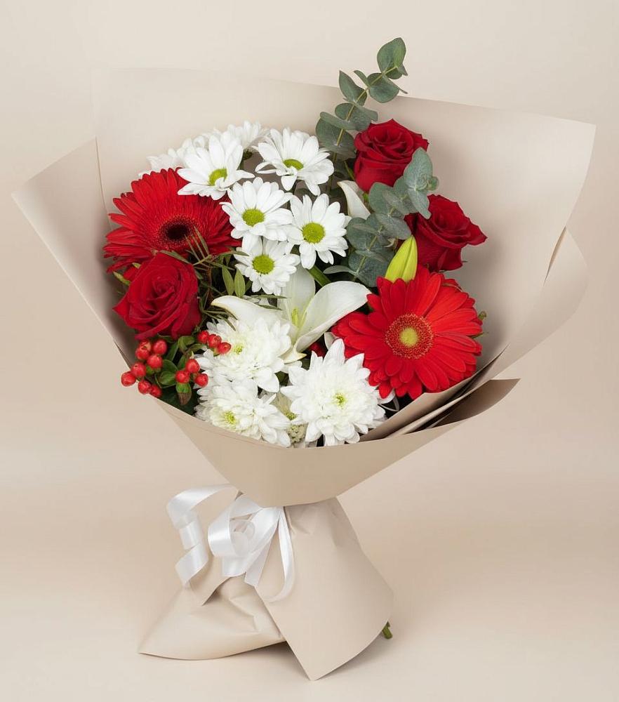 Букет цветов из: Розы, Хризантемы, Герберы и Лилии в Шаранге