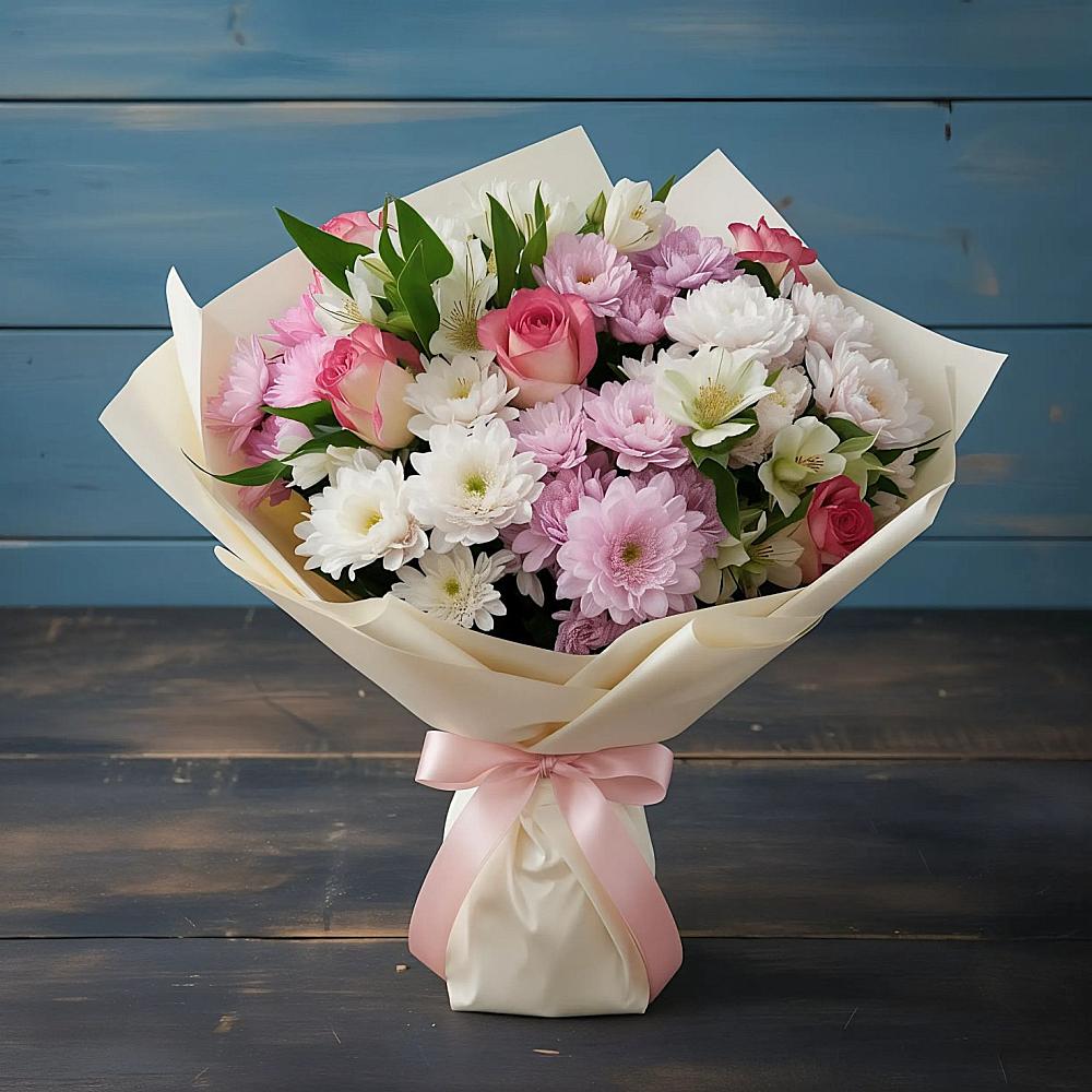 Букет цветов из: Хризантемы, Альстромерии и Розы в Шаранге